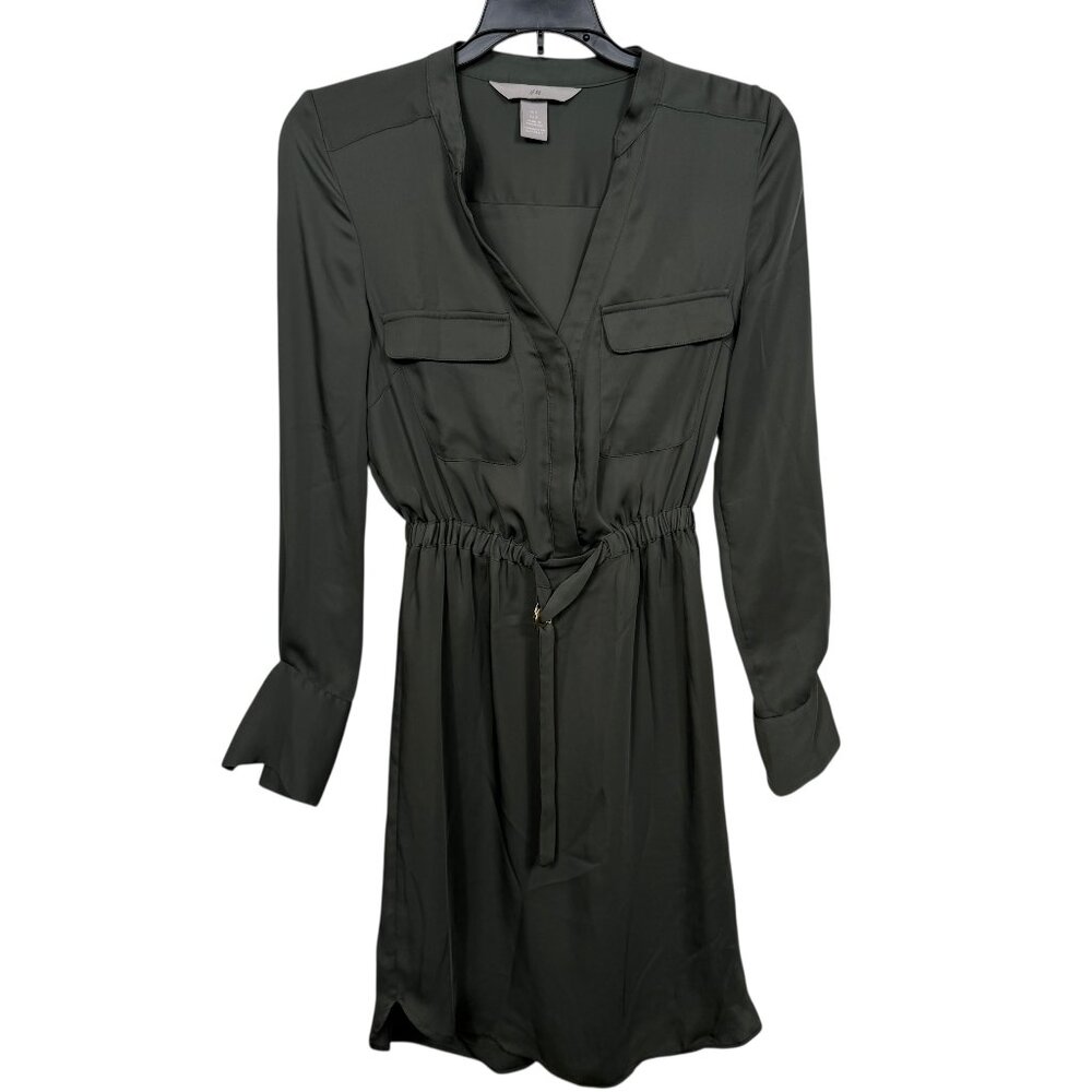 H&M Mini Dress US 0 Dark Green Satin Business Casual Cinched